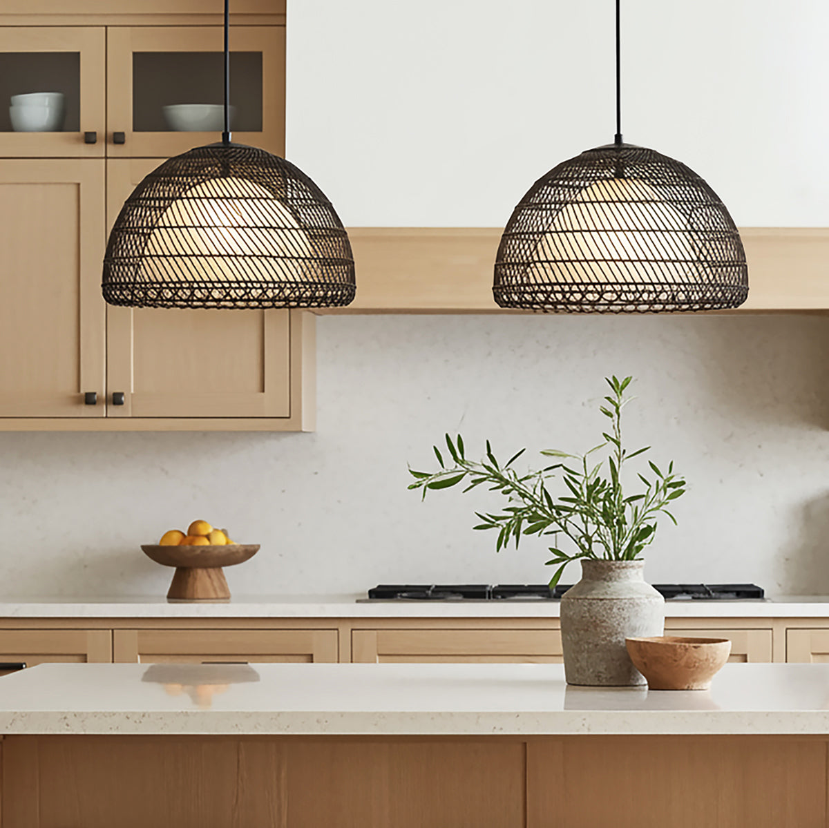Montauk Pendant 16", Black Rattan with Opal Glass for Modern Farmhouse home with Natural Wood