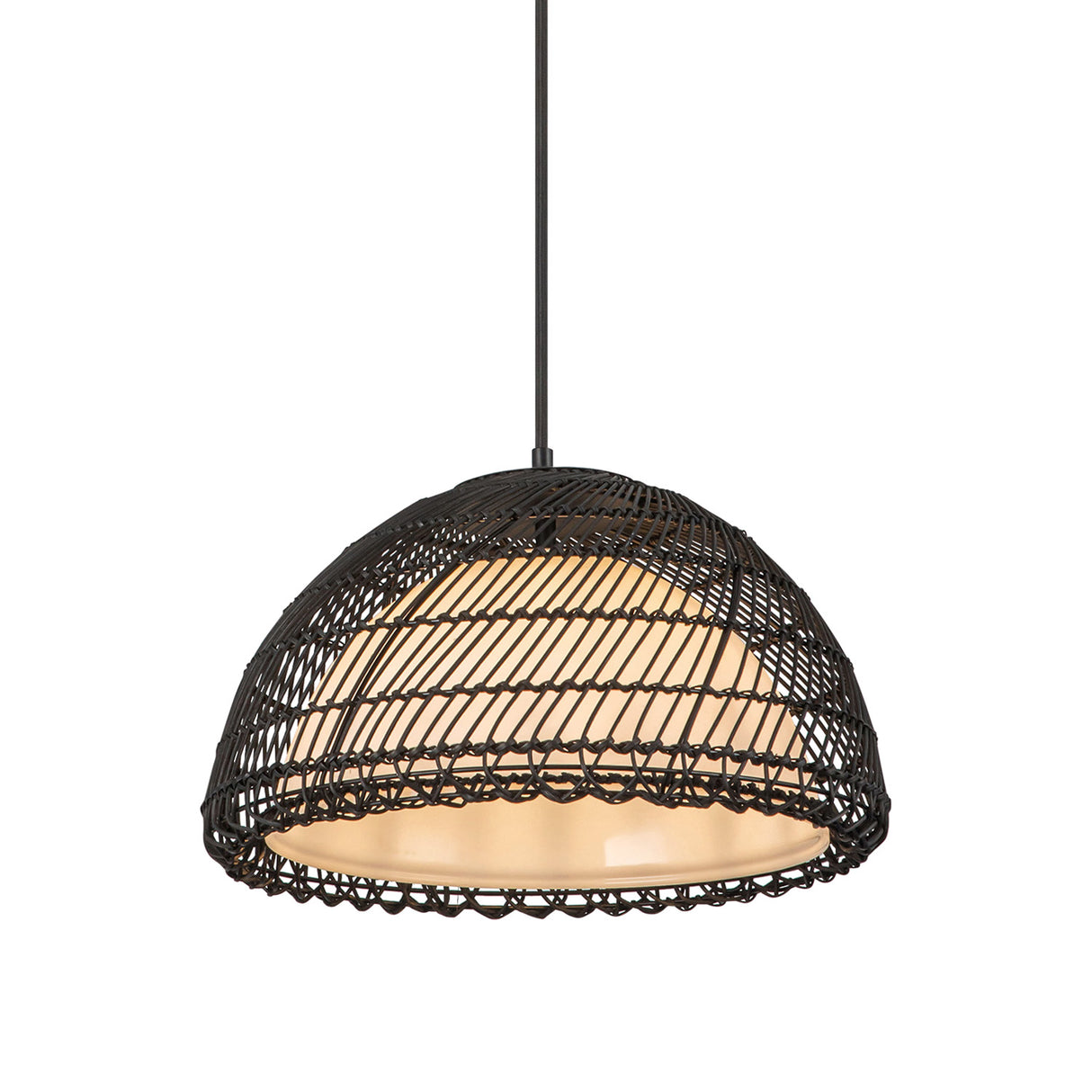 Montauk Pendant 16", Black Rattan with Opal Glass