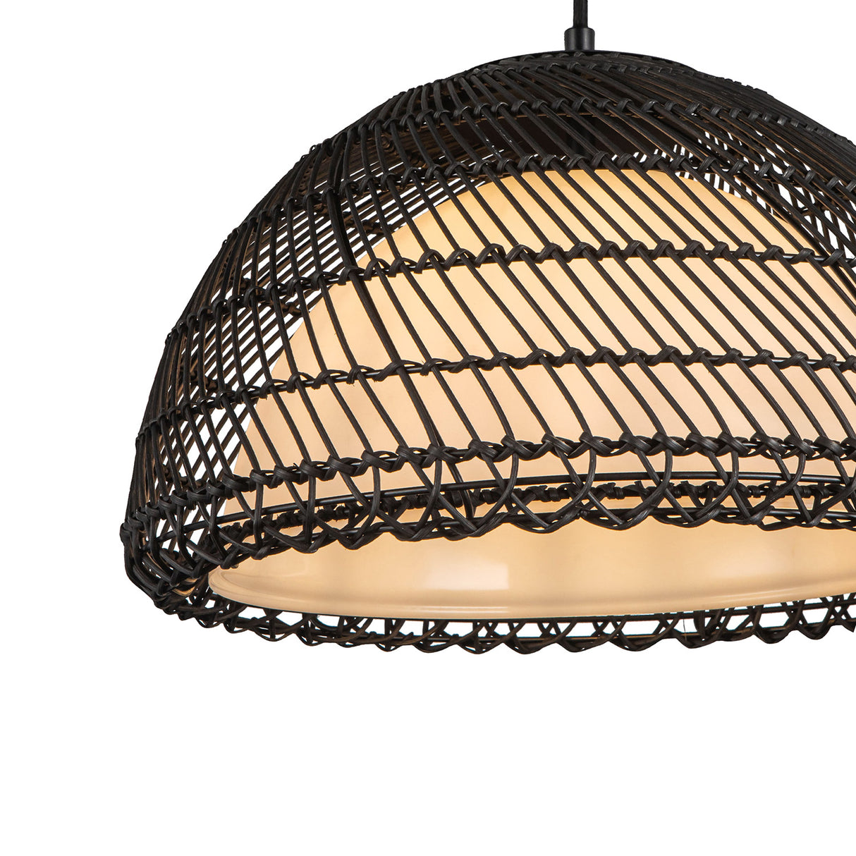 Montauk Pendant 16", Black Rattan with Opal Glass