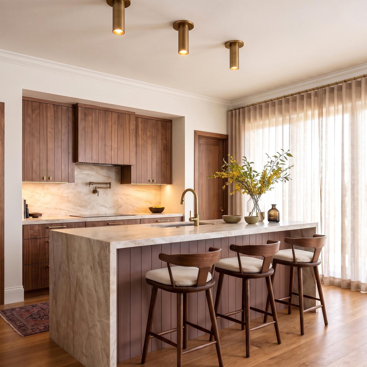 A contemporary kitchen with three Wilber 2 inch Cylinder LED Flush Mounts in aged brass installed along the ceiling over a marble waterfall island and walnut cabinetry.