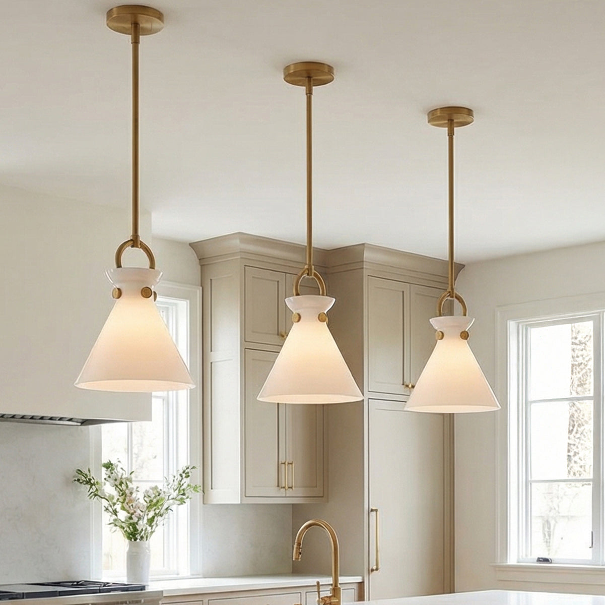 Aris Small Pendant 11, Aged Brass and Milk Glass for Modern Farmhouse home with White Cabinetry
