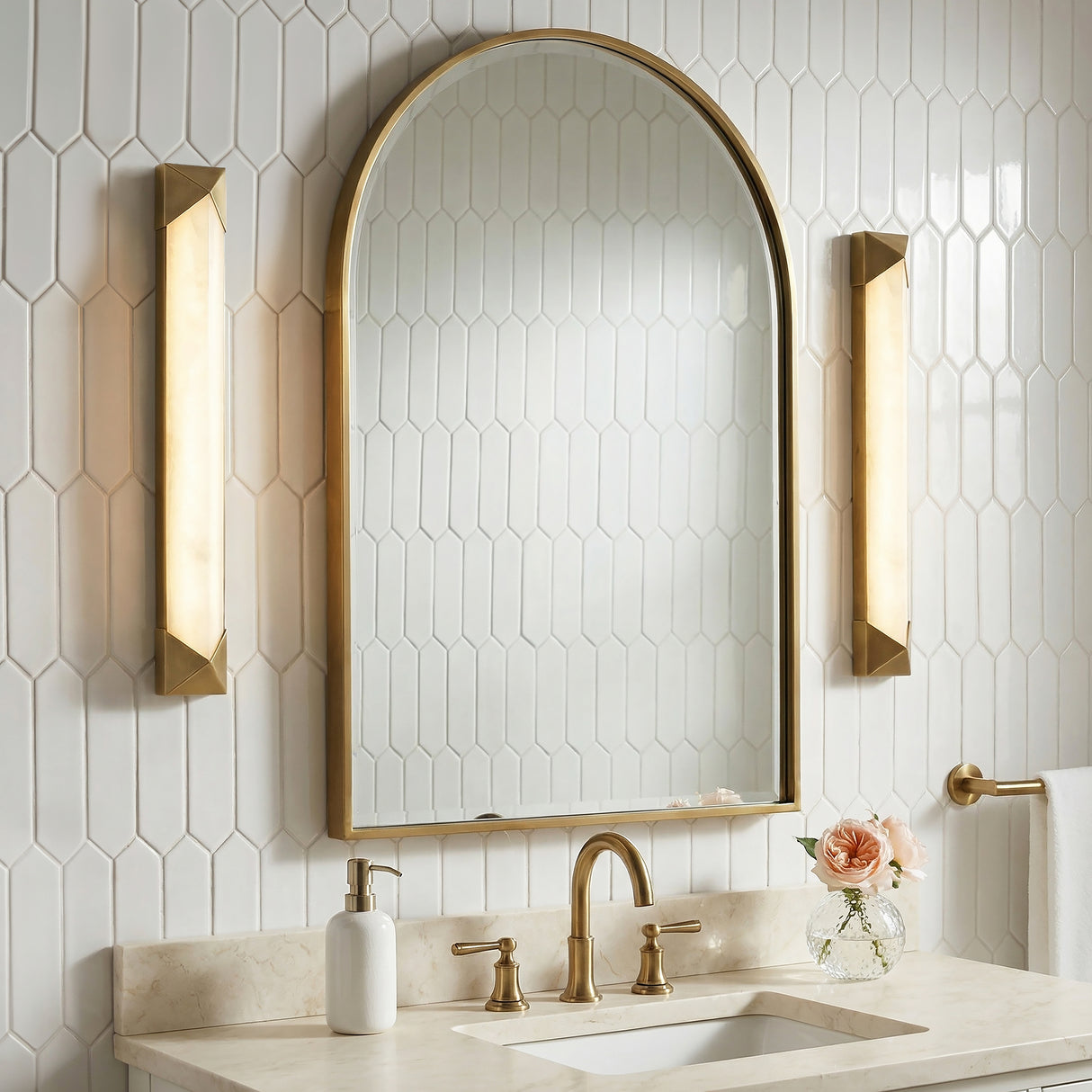Lunaire LED Wall Sconce 25", Aged Brass and Alabaster for Transitional home with White Tile