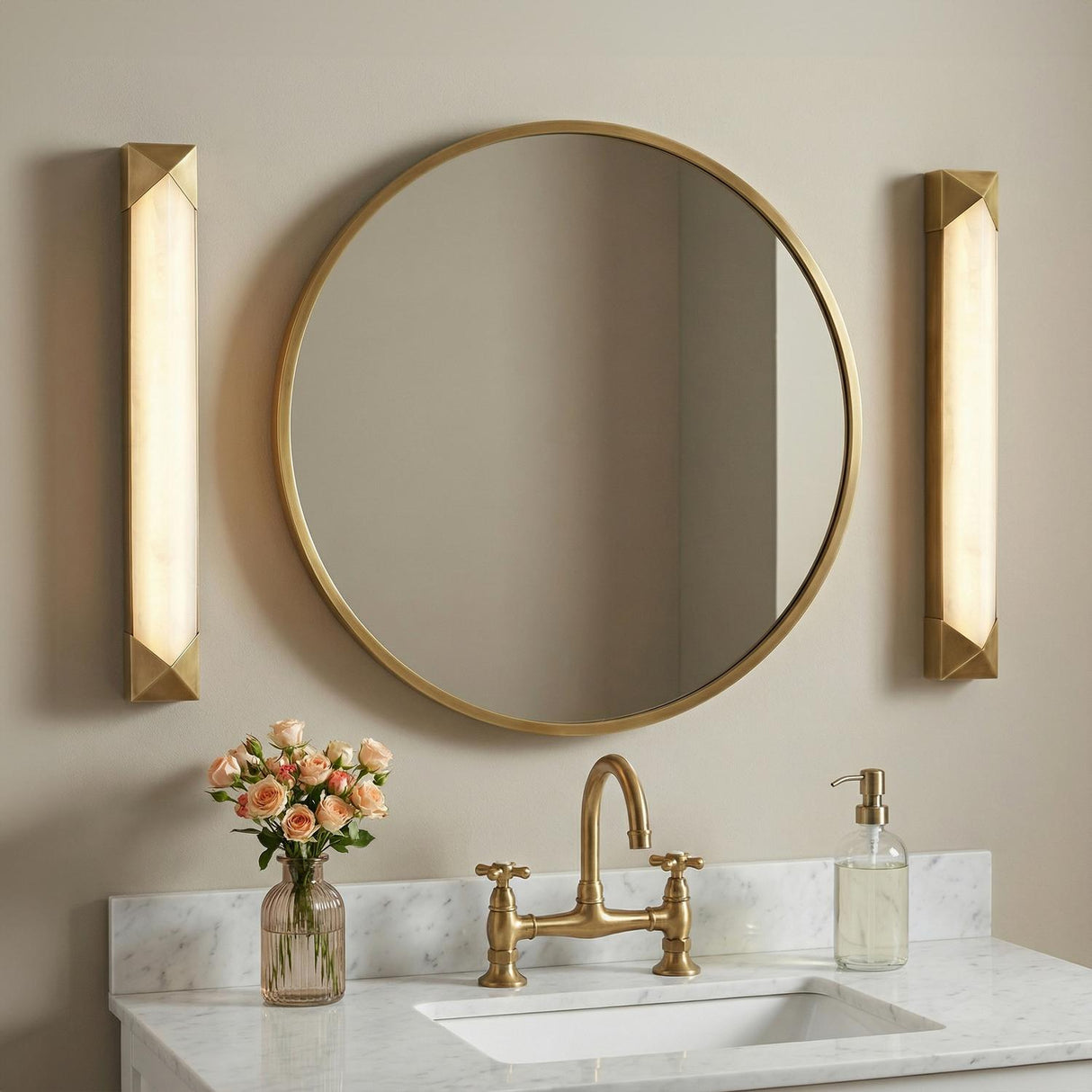 Lunaire LED Wall Sconce 25", Aged Brass and Alabaster