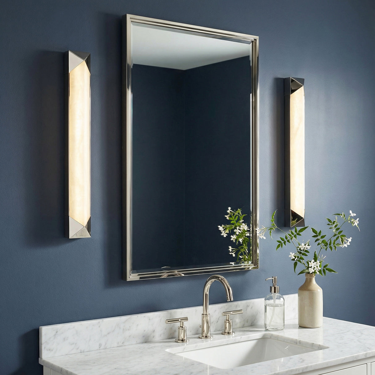 Lunaire LED Wall Sconce 25", Polished Nickel and Alabaster for Modern home with Blue Siding