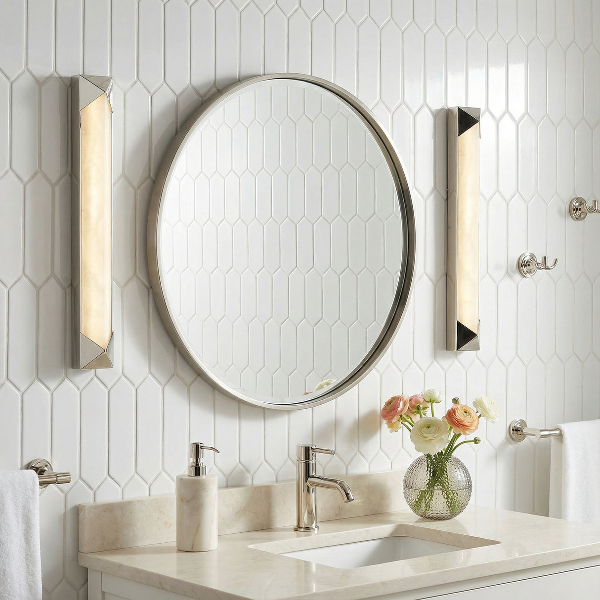 Lunaire LED Wall Sconce 25", Polished Nickel and Alabaster for Modern home with White Tile