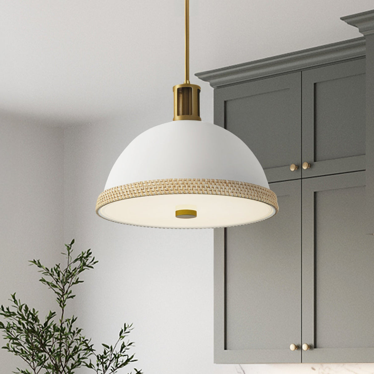 Alverna Pendant light 16", Matte White with Rattan Accents is shown in a kitchen with green-grey cabinets.