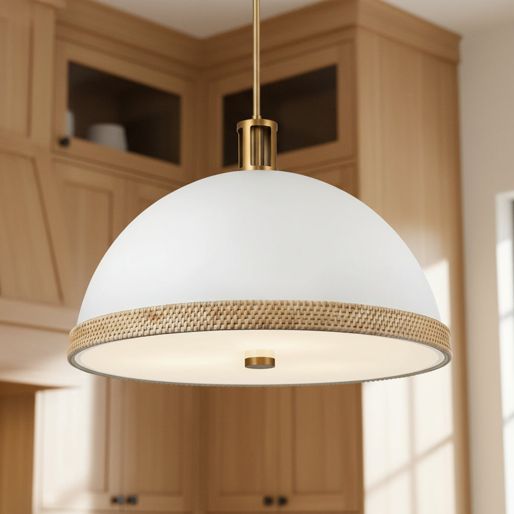 Alverna Pendant 24" Matte White with Rattan Accents for Modern Farmhouse home with Light Wood Cabinetry