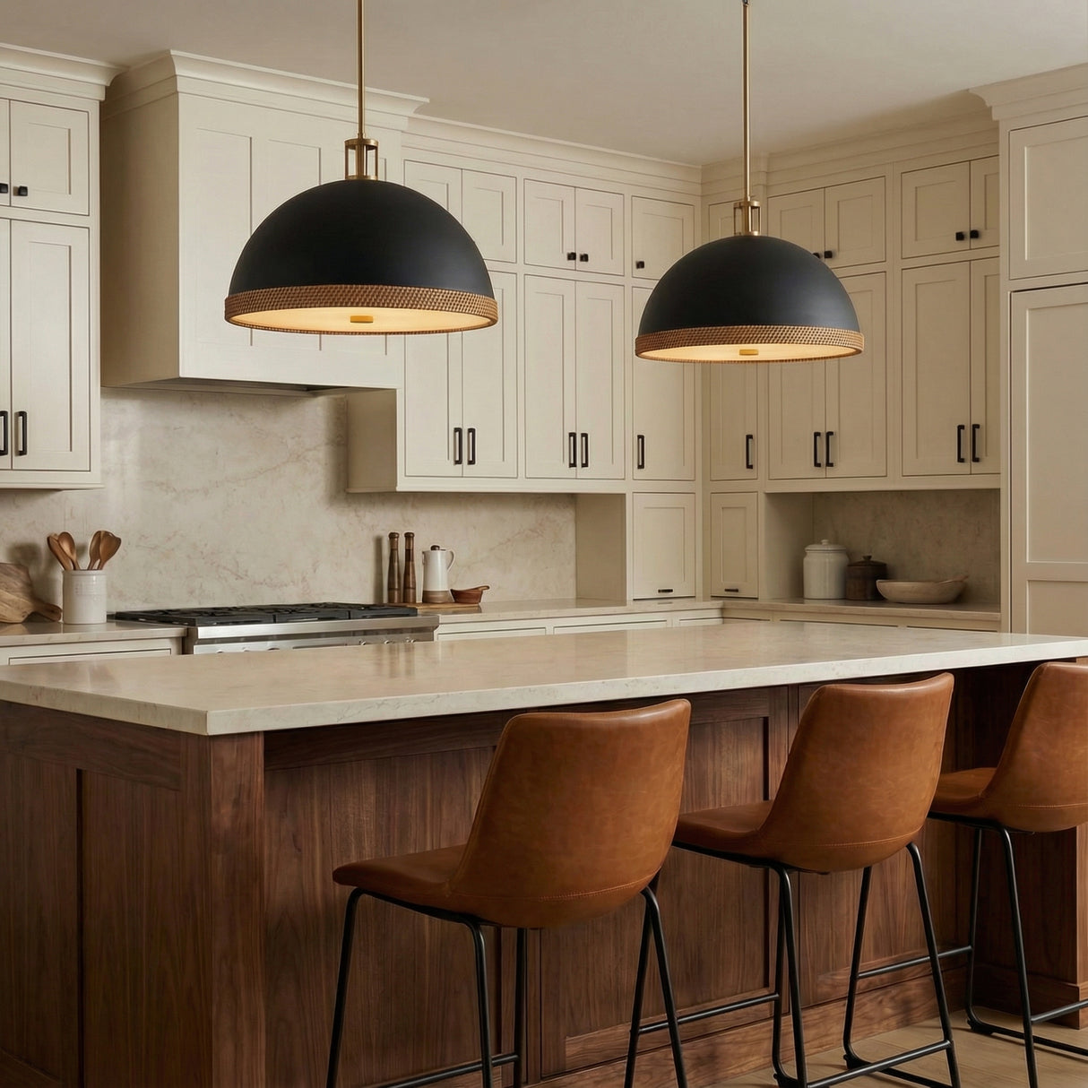 Matte Black & Brass woven dome pendant in a Transitional Kitchen with a walnut island and leather stools.