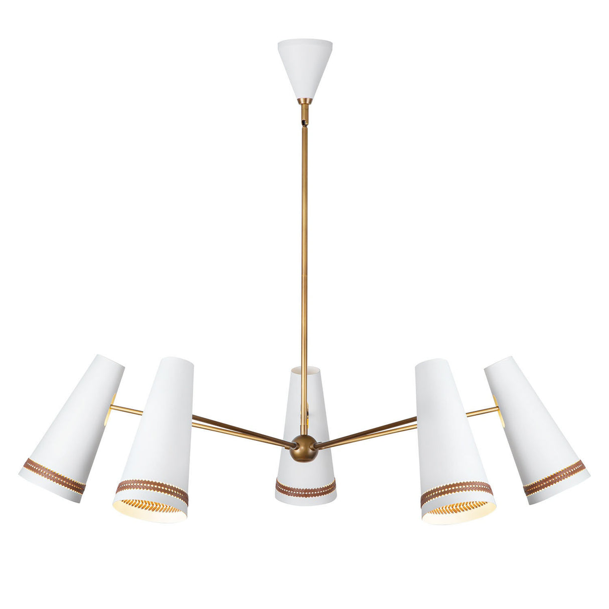 Darien 5 Light Chandelier 45", Matte White with Hazelnut Leather