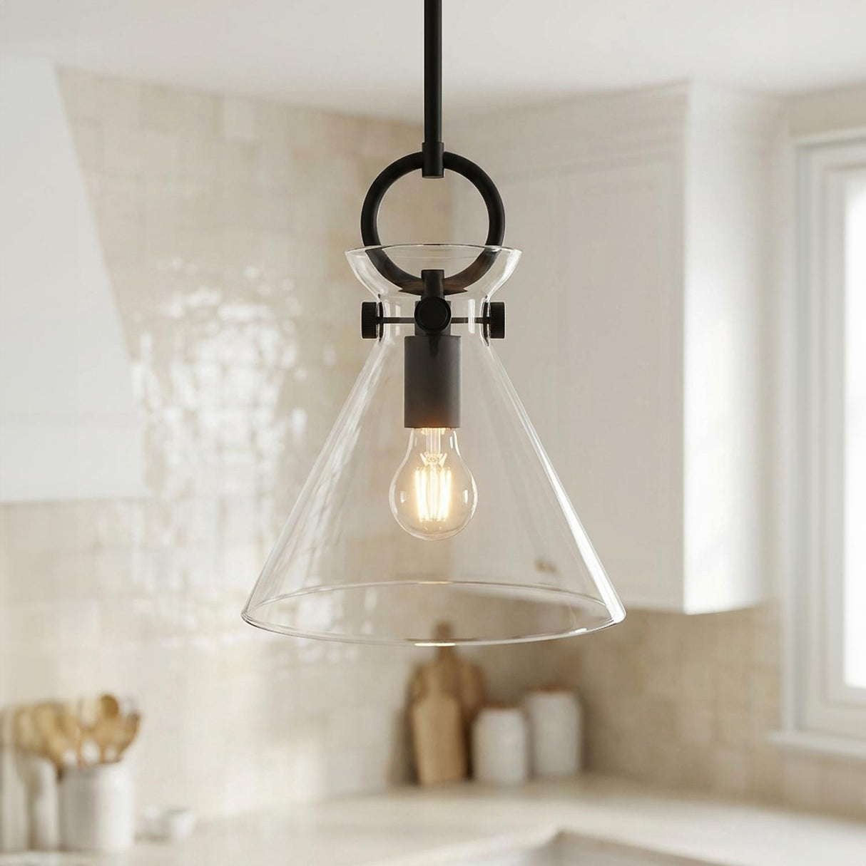 Aris Small Pendant 11", Matte Black and Clear Glass