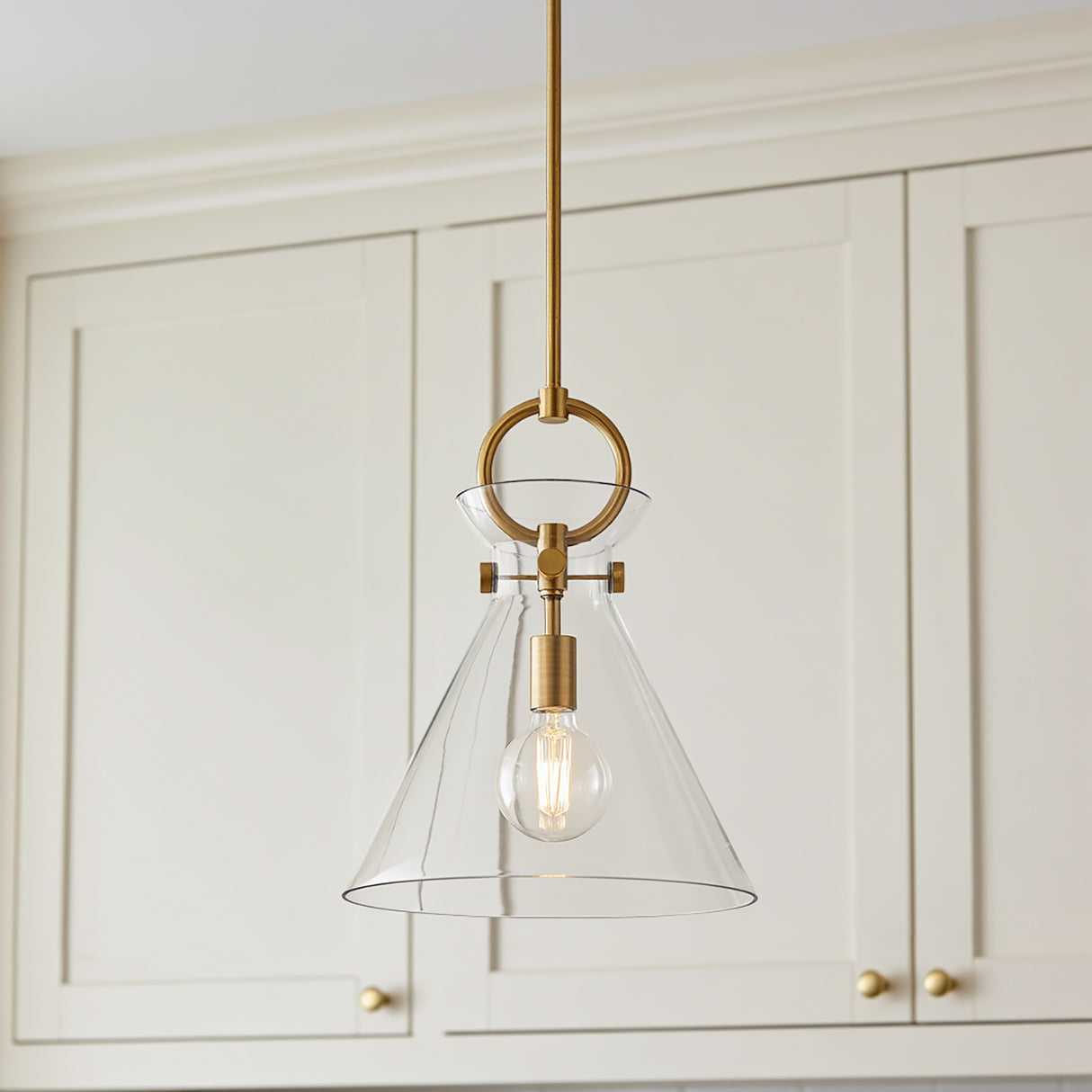 Aris Medium Pendant 14", Aged Brass and Clear Glass for Modern Farmhouse home with Cream Shiplap