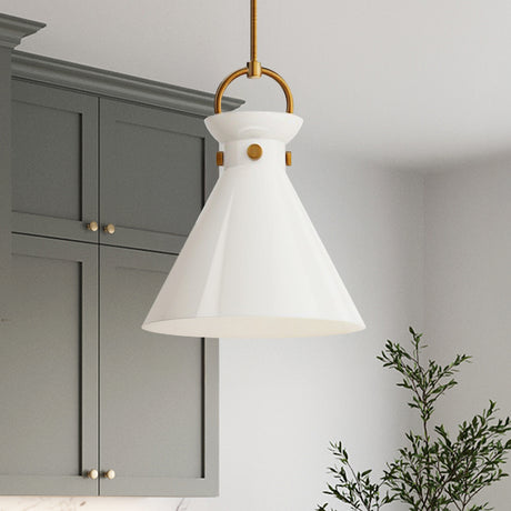 Aris Medium Pendant light 14", Aged Brass and Milk Glass, shown in a kitchen with green-grey cabinets.