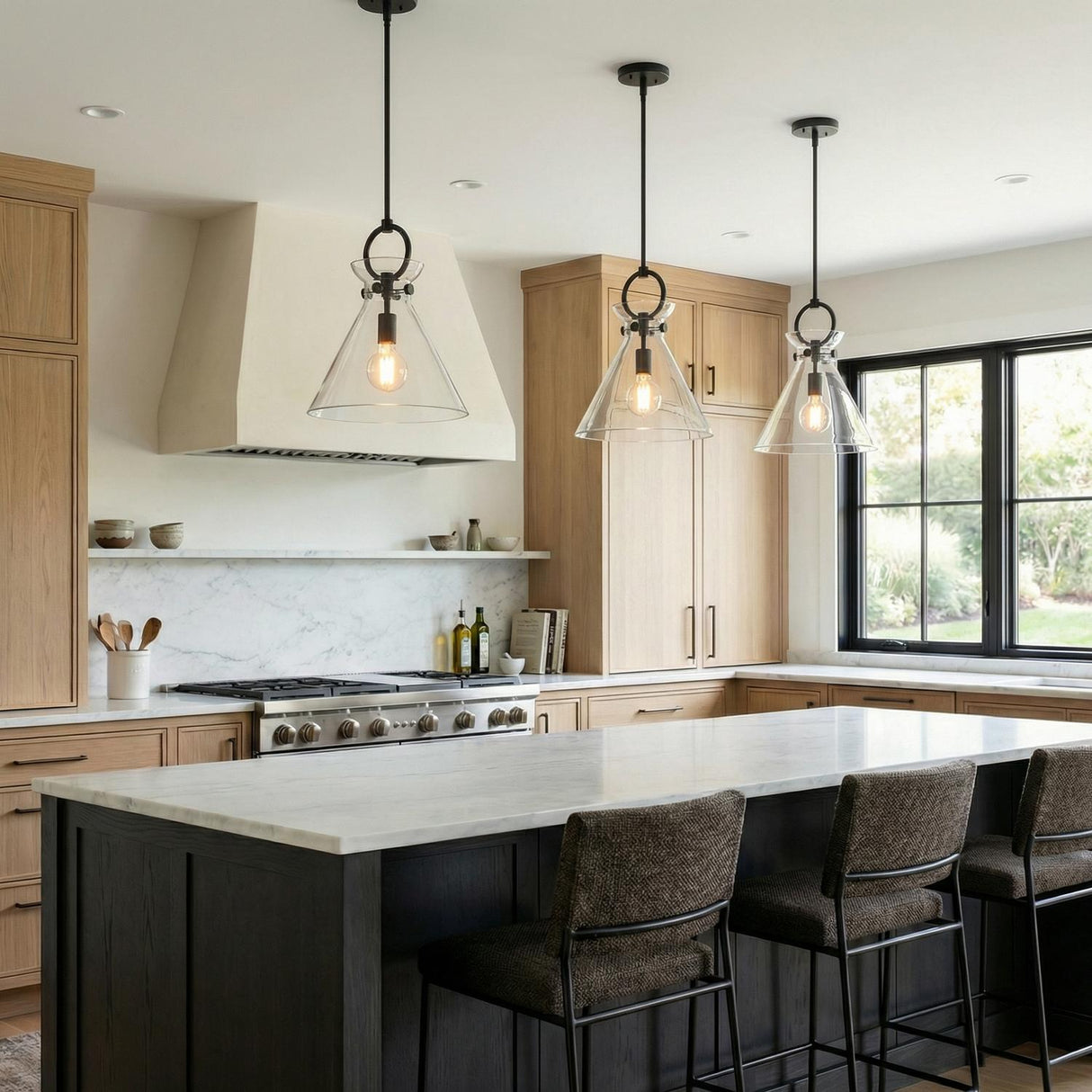 Aris Medium Pendant 14", Matte Black and Clear Glass