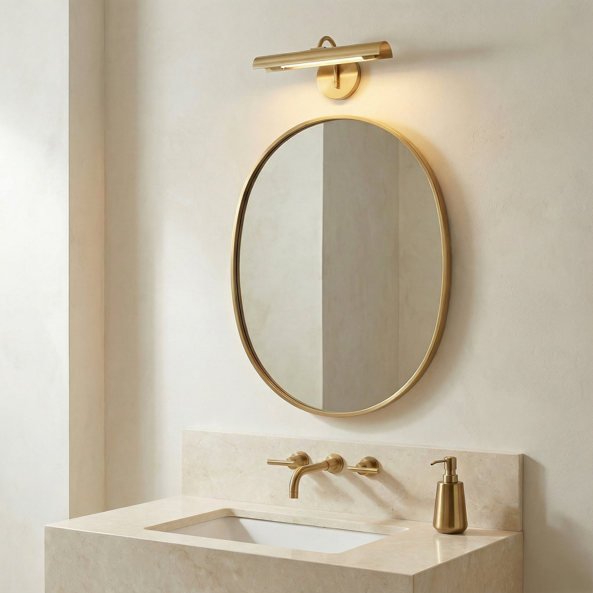 Linden LED Vanity Light 14", Aged Brass styled in a Modern Bathroom with marble countertop