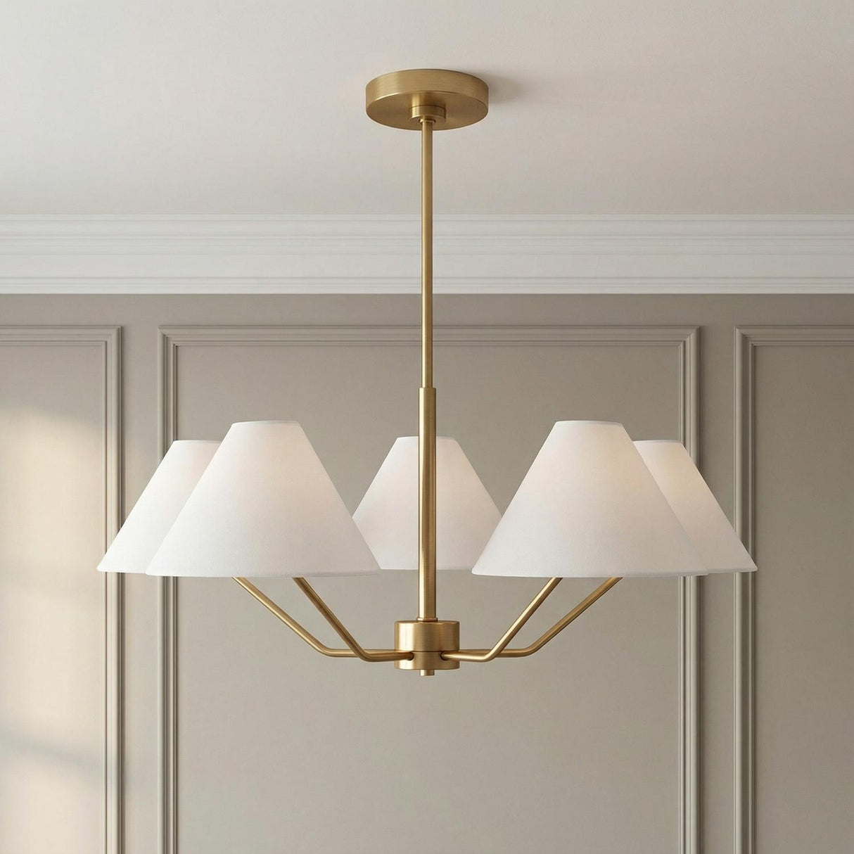 Wallace 5 Light Chandelier 30", Satin Brass for Transitional home with Beige Walls