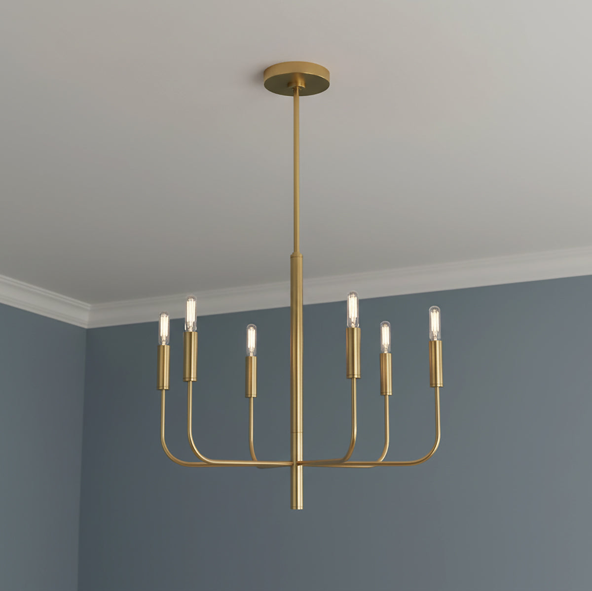 Thayer 6 Light Chandelier 24" Modern Brass for Modern home with Blue walls