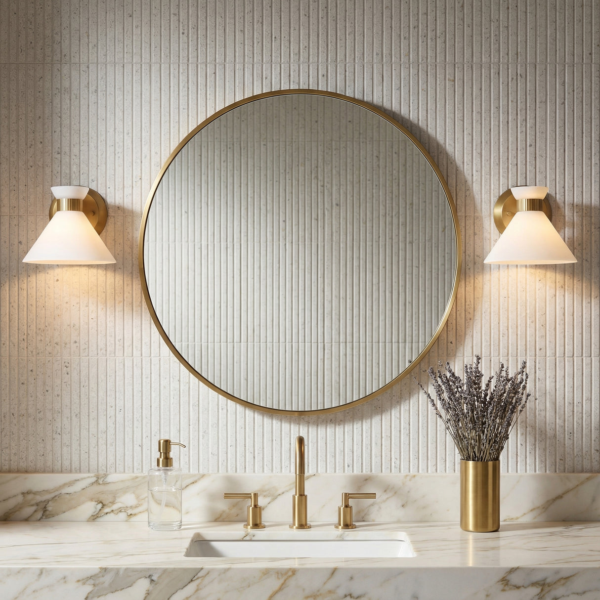 Issa Wall Sconce 7" Satin Brass for Modern home with White Tile