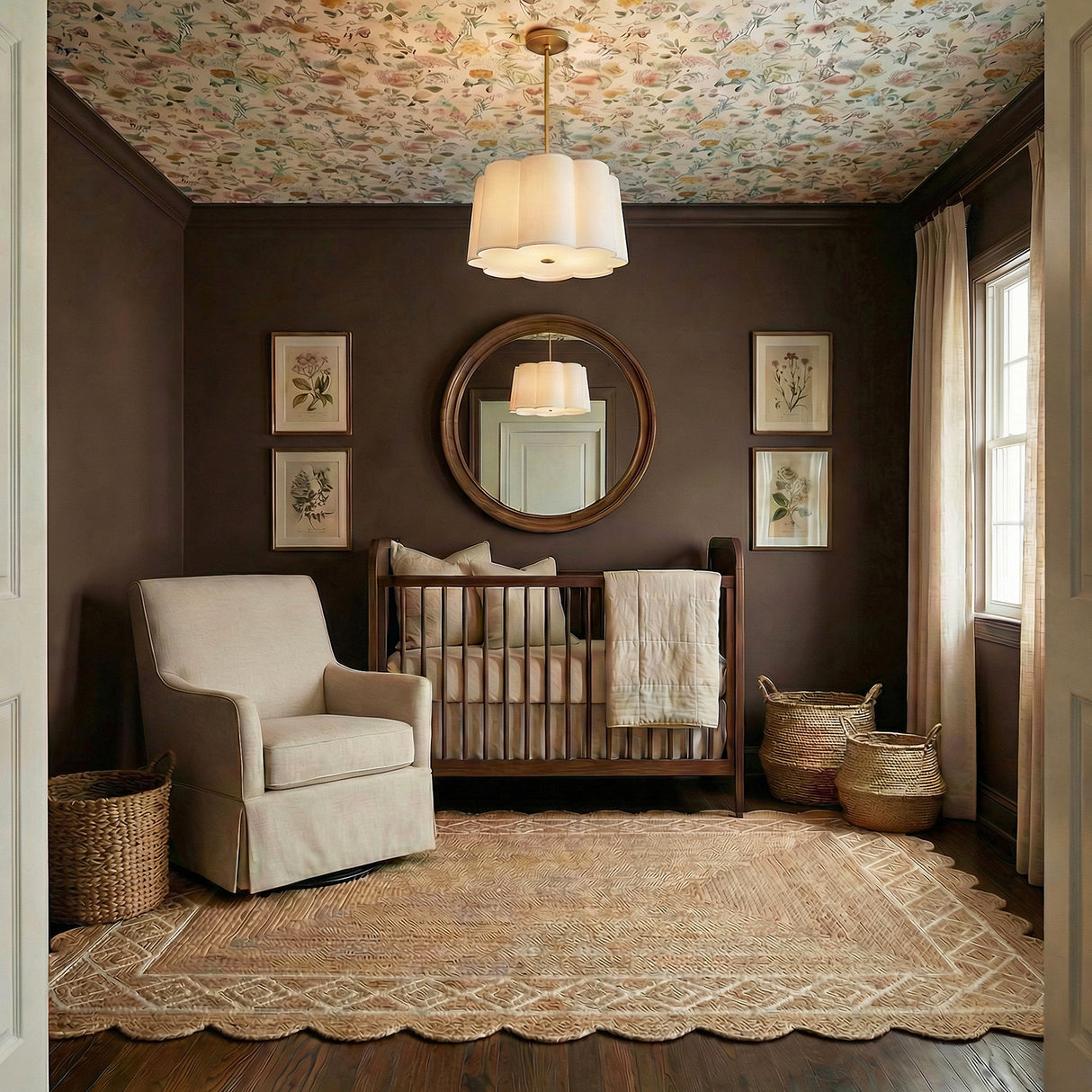 Odelia Medium Pendant 22", White and Brass scalloped Pendant in a Transitional Bedroom with floral wallpaper ceiling and a wooden crib.