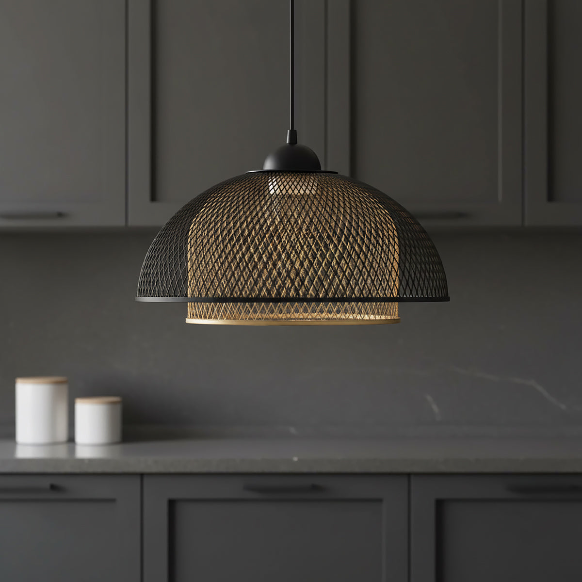 Tate LED Pendant 16", Matte Black and Brass for Modern home with Dark Gray Shiplap