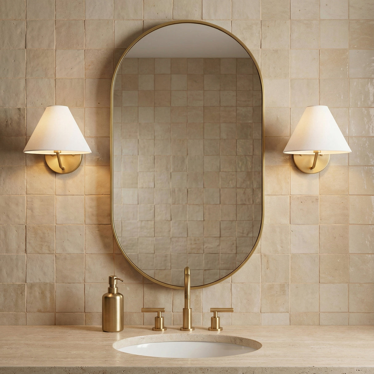 Wallace Wall Sconce 8", Satin Brass for Transitional home with Warm Beige Tile