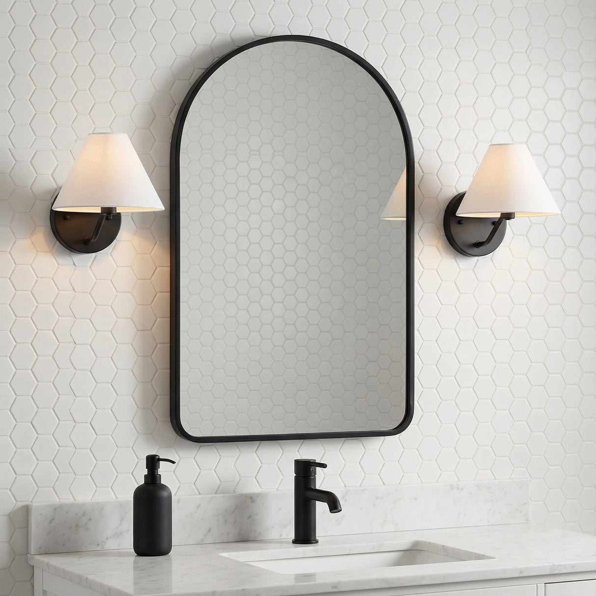 Wallace Wall Sconce 8, Matte Black for Modern home with White Hexagon Tile