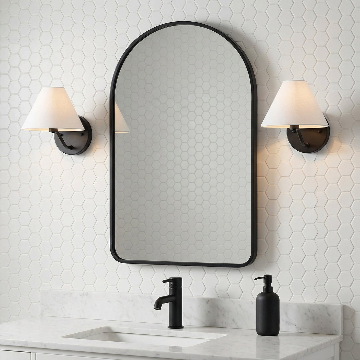 Wallace Wall Sconce 8, Matte Black for Modern home with White Hexagon Tile