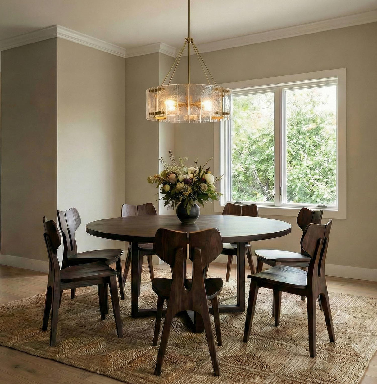 Winslow Chandelier 24", Modern Brass geometric Chandelier in a Transitional Dining Room with a dark wood table and textured rug.