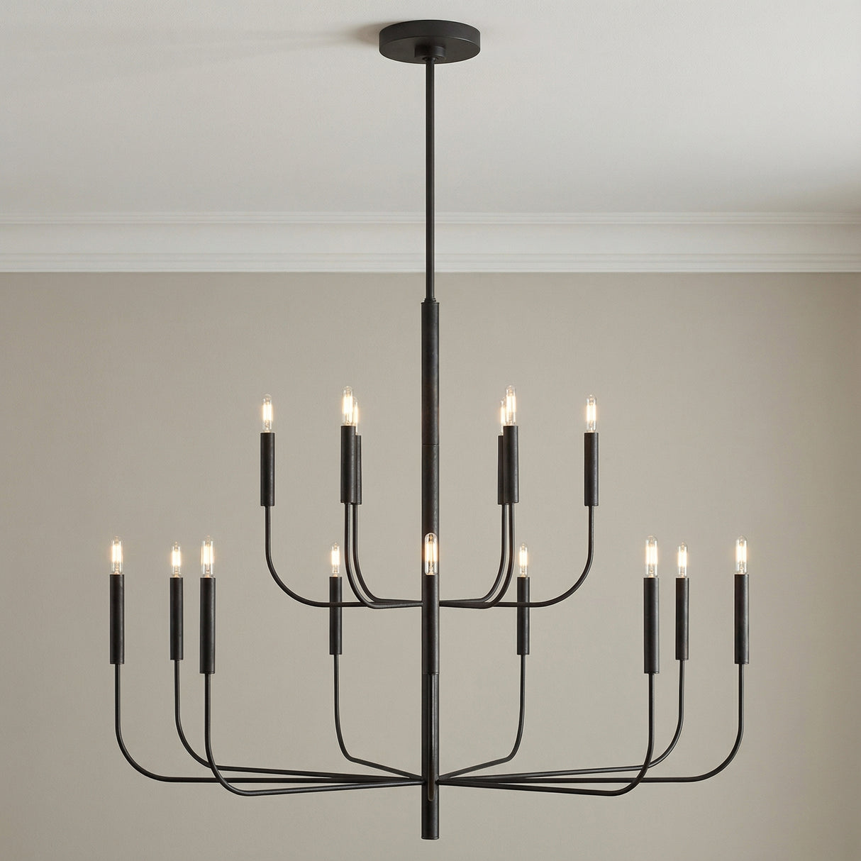 Thayer 15 Light Two-Tier Chandelier 49", Antique Iron linear chandelier in a Transitional Dining Room with neutral walls.