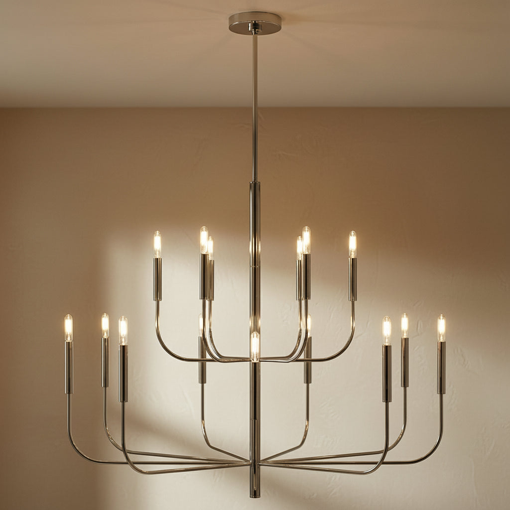 Thayer 15 Light Two-Tier Chandelier 49", Polished Nickel for Modern home with Warm Beige Stucco
