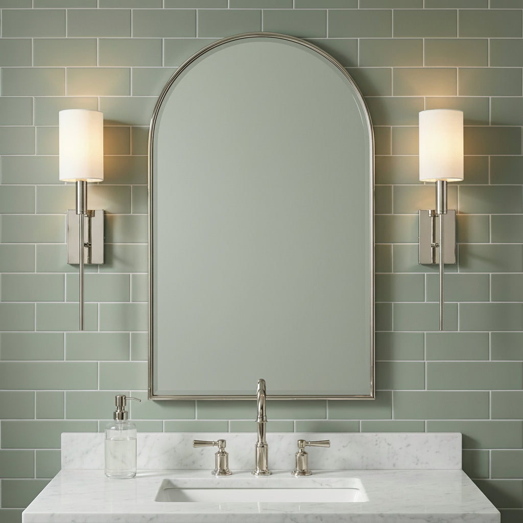 Thayer Wall Sconce 20", Polished Nickel for Modern home with Sage Subway Tile