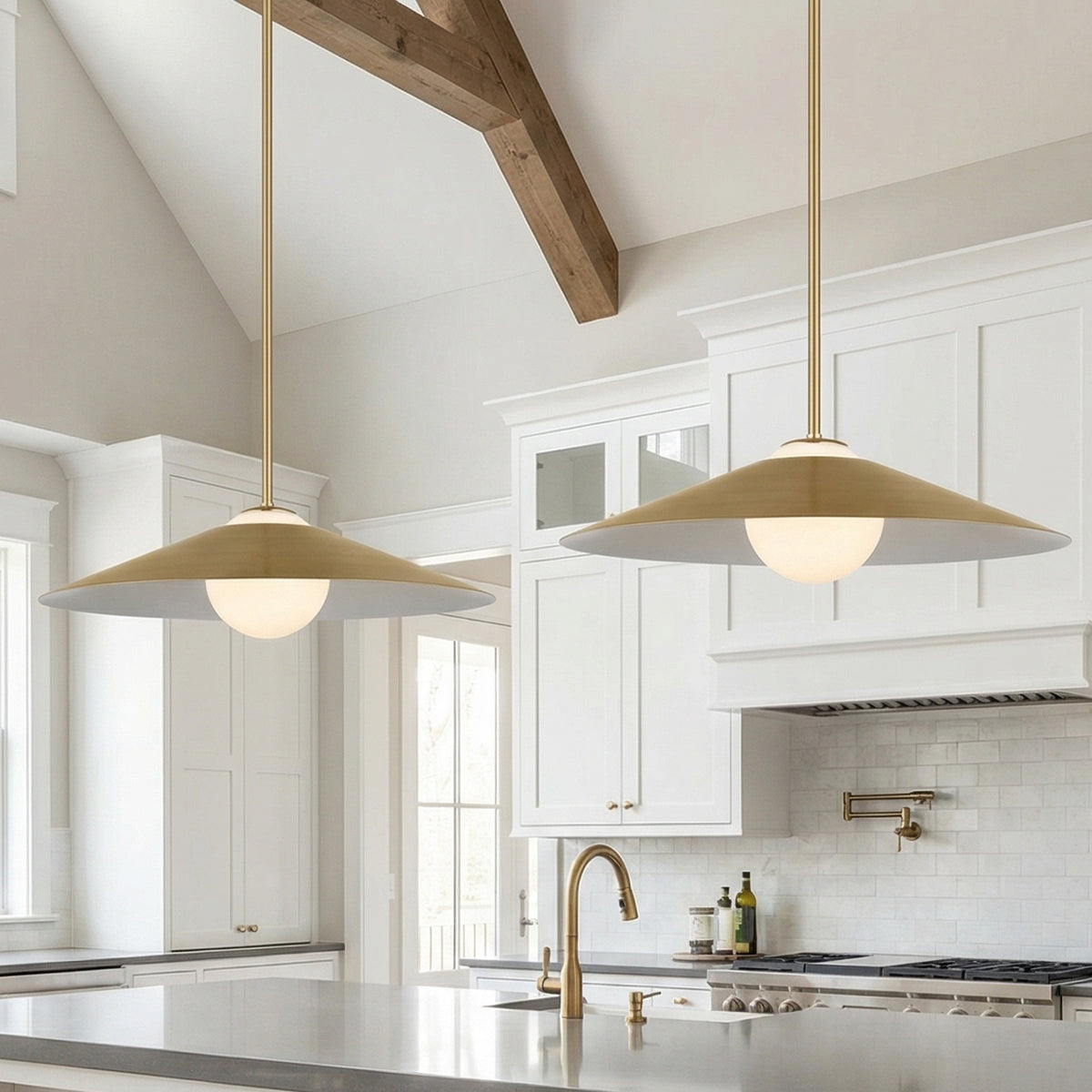 Braxton Pendant 24" Satin Brass for Modern Farmhouse home with White Shiplap