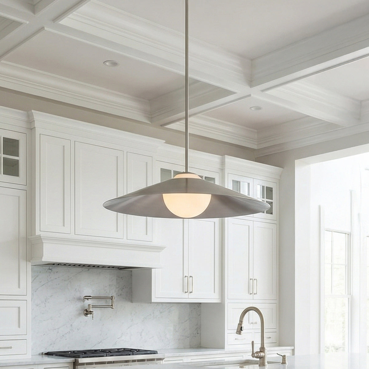 Braxton Pendant 24", Brushed Nickel for Modern Farmhouse home with White Cabinetry
