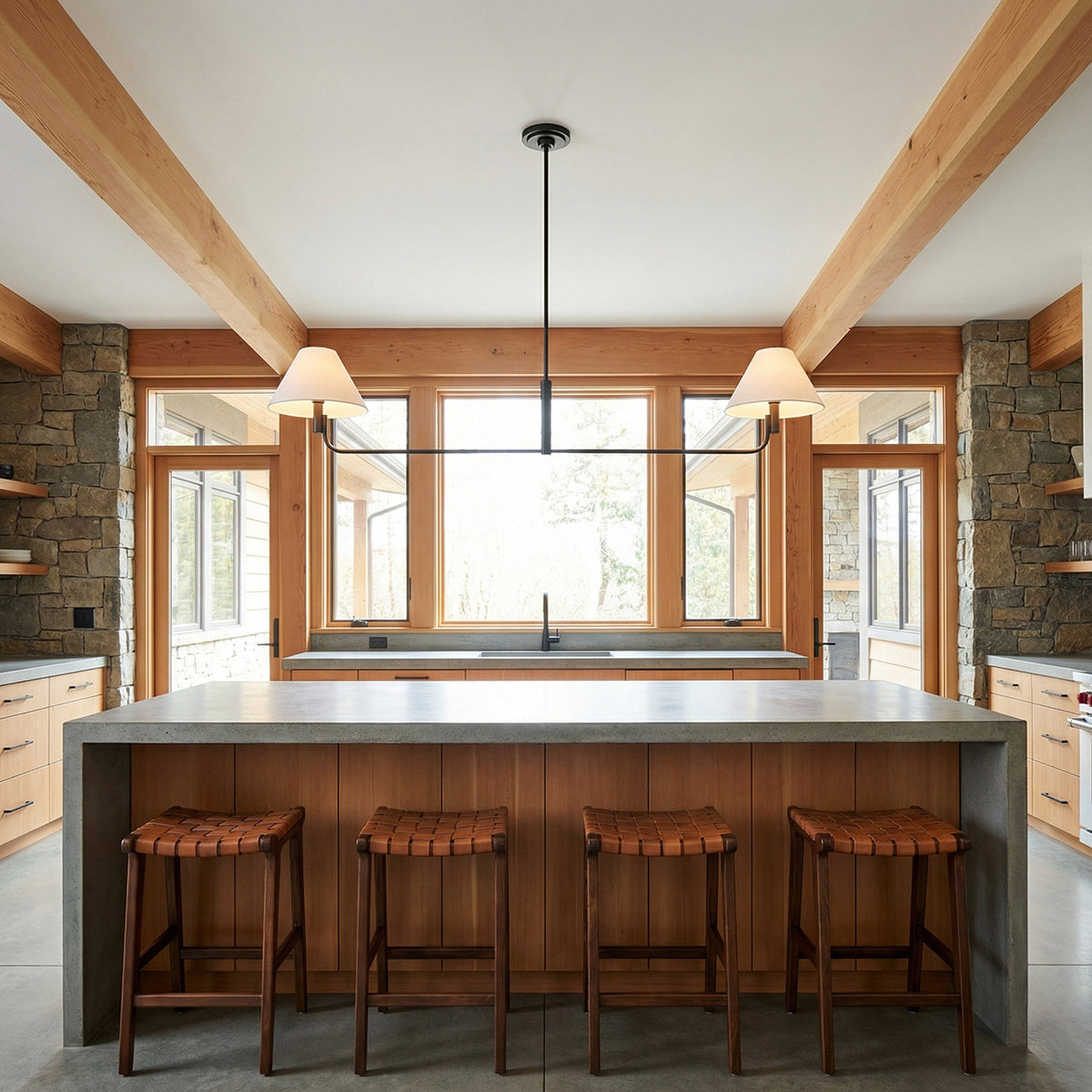 Altair Linear Pendant 54, Aged Iron for Modern Farmhouse home with Natural Wood