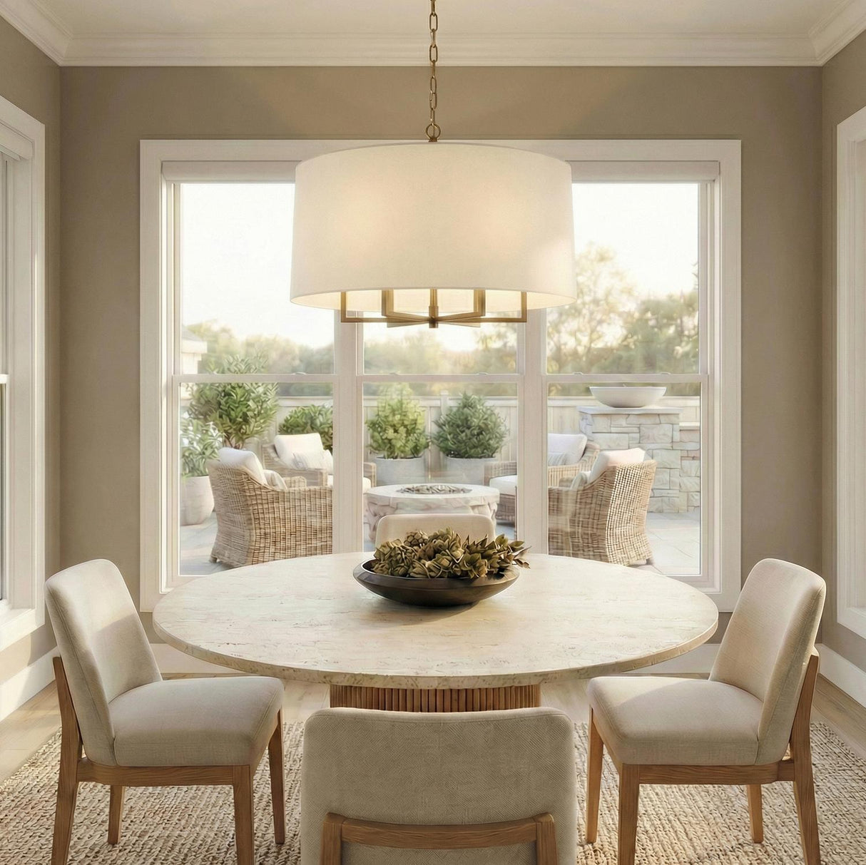 Andrew 6 Light Pendant 25", Modern Brass geometric pendant in a Transitional Dining Room with a round marble table and woven rug.