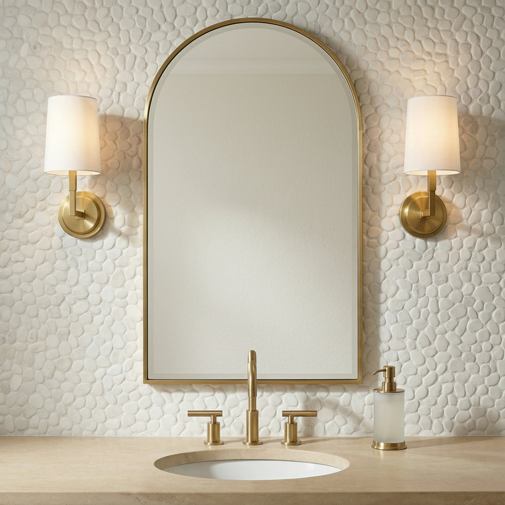 Andrew Wall Sconce 12, Modern Brass for Modern home with White Pebble Tile
