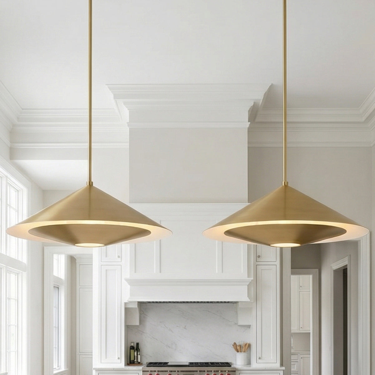 Belvin Large Pendant 24", Modern Brass for Modern home with White Cabinetry