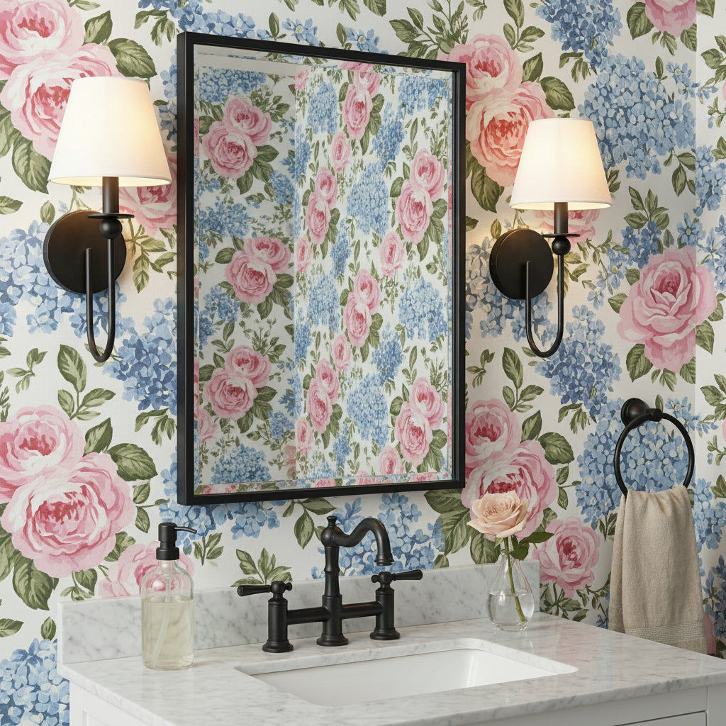 Anise Wall Sconce 15", Matte Black for Cottage home with Floral Wallpaper