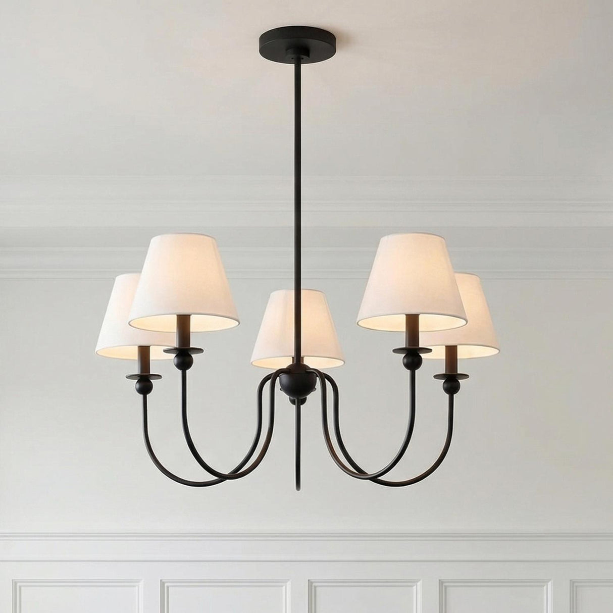 Anise 5 Light Chandelier 30" for Modern Farmhouse home with White Wood Panel