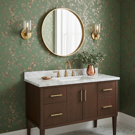Emrys Wall Sconce 9, Modern Brass - Bathroom scene with sconces flanking a round mirror above a vanity.