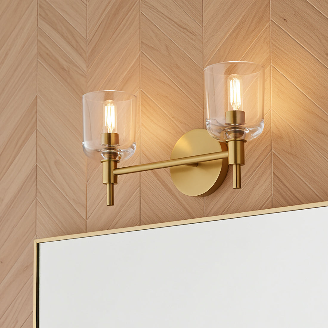 Emrys 2 Light Vanity, Modern Brass for Modern home with Natural Wood