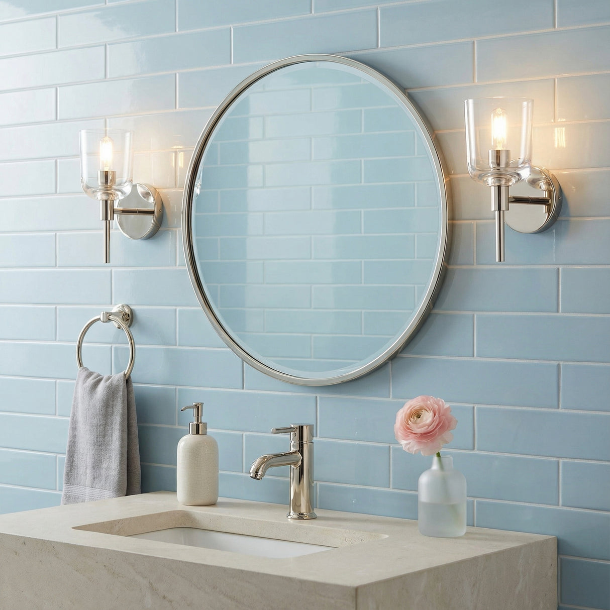 Emrys Wall Sconce 9", Polished Nickel for Coastal home with Blue Tile