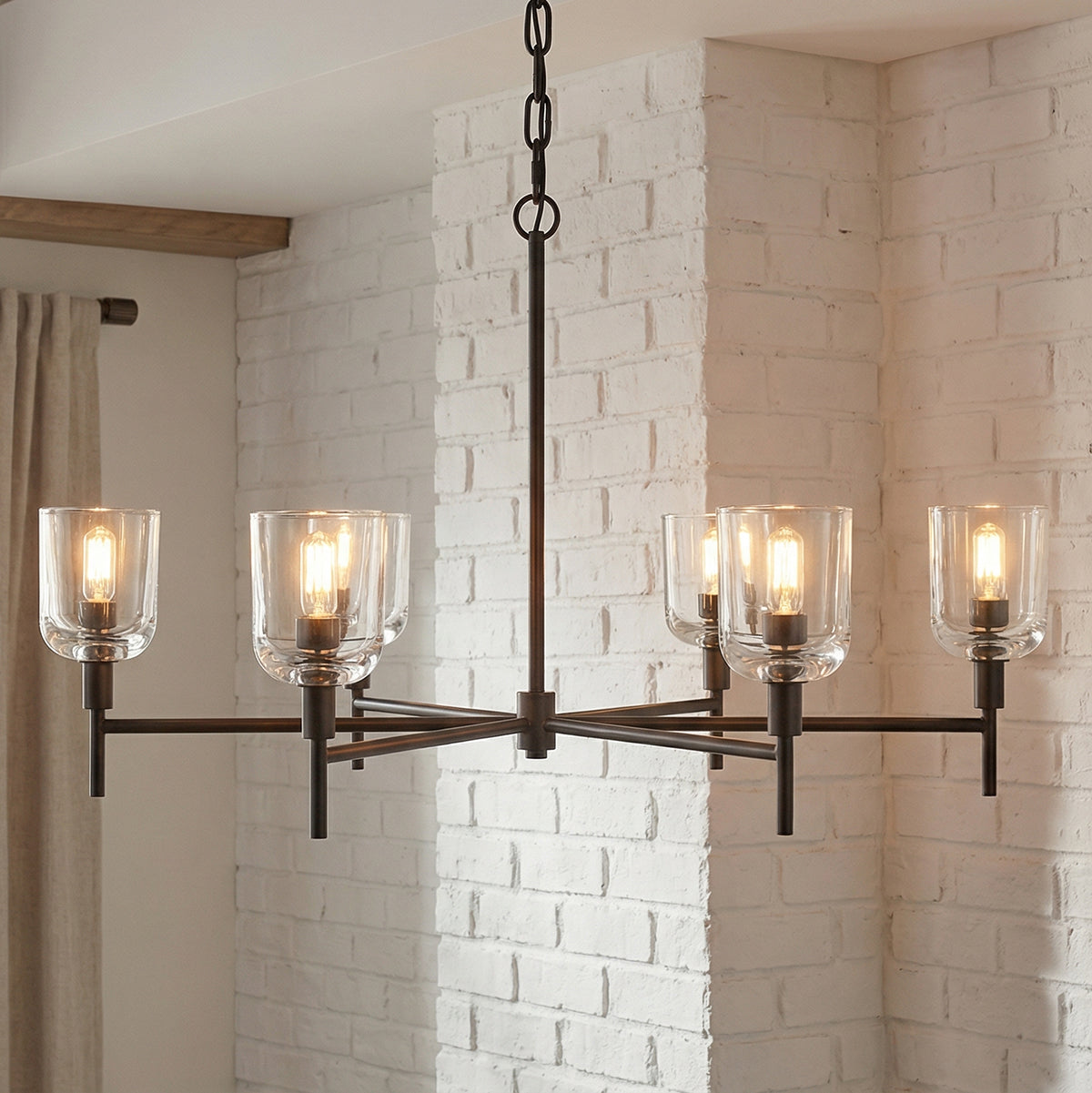 Emrys 5 Light Chandelier 36" for Modern Farmhouse home with White Brick