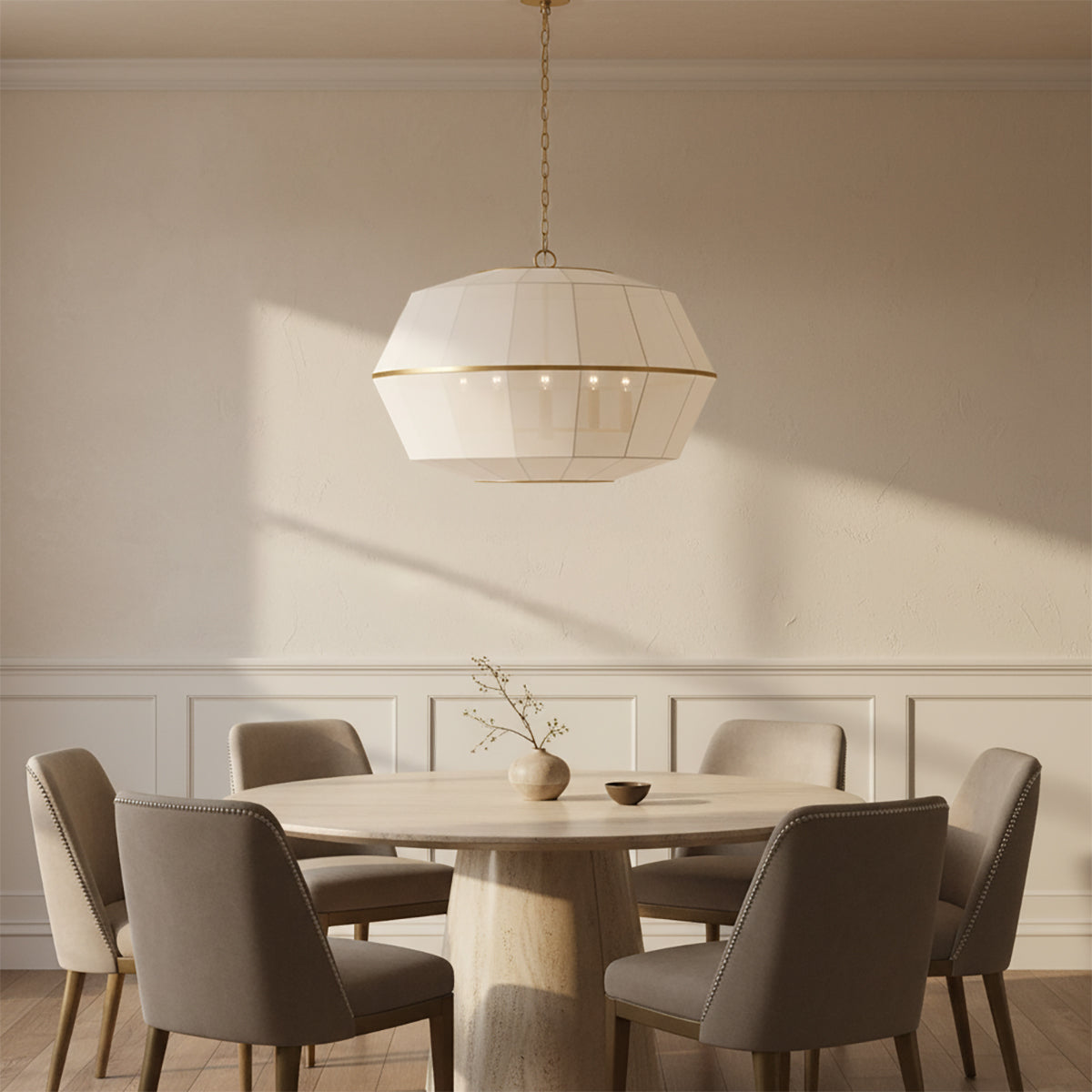 Birch Extra Large Pendant 32, Modern Brass and White Linen - A round dining table with chairs underneath a pendant light.
