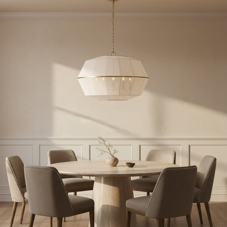 Birch Extra Large Pendant 32, Modern Brass and White Linen - A round dining table with chairs underneath a pendant light.