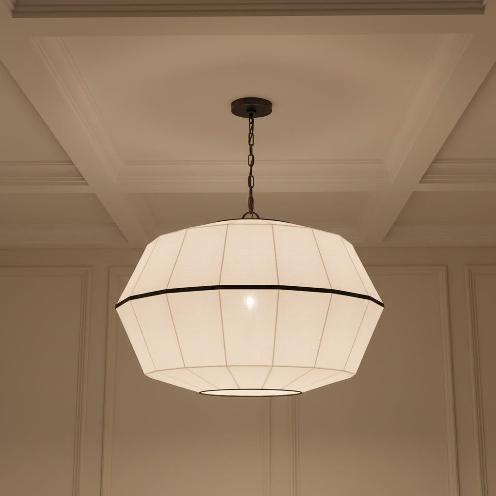 Birch Extra Large Pendant 32", Aged Iron and White Linen for Transitional home with White Walls