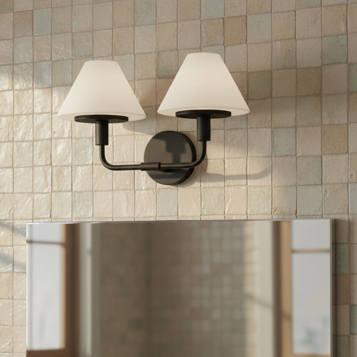 Dean 2 Light Vanity, Matte Black and Opal Glass for Modern home with Beige Tile