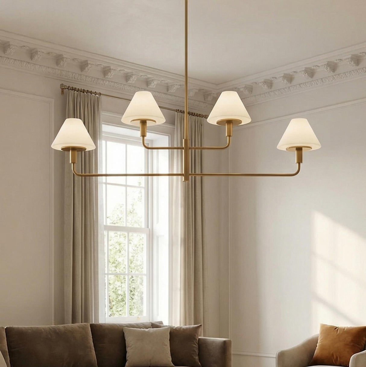 Dean 4 Light Chandelier 50", Satin Brass and Opal Glass