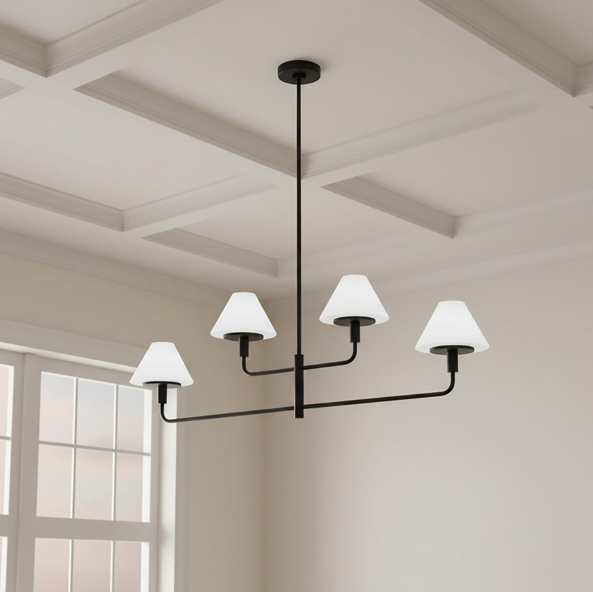 Dean 4 Light Chandelier 50", Matte Black and Opal Glass