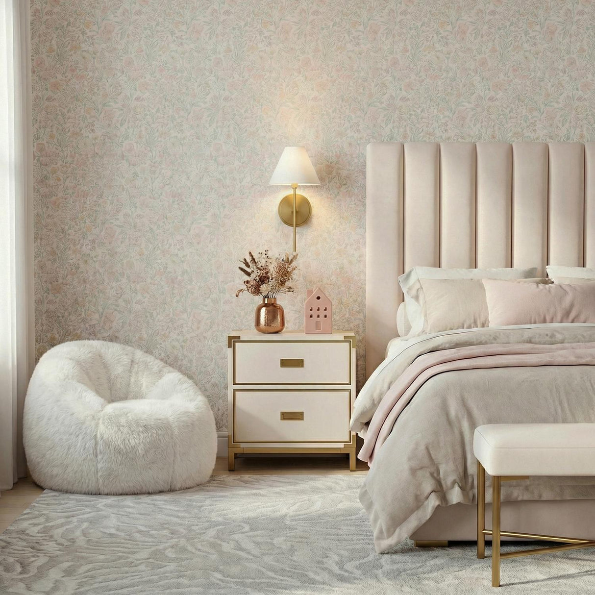 Bryson Wall Sconce 14", Modern Brass linear Wall Sconce in a Transitional Bedroom with a pink channeled headboard and floral wallpaper.