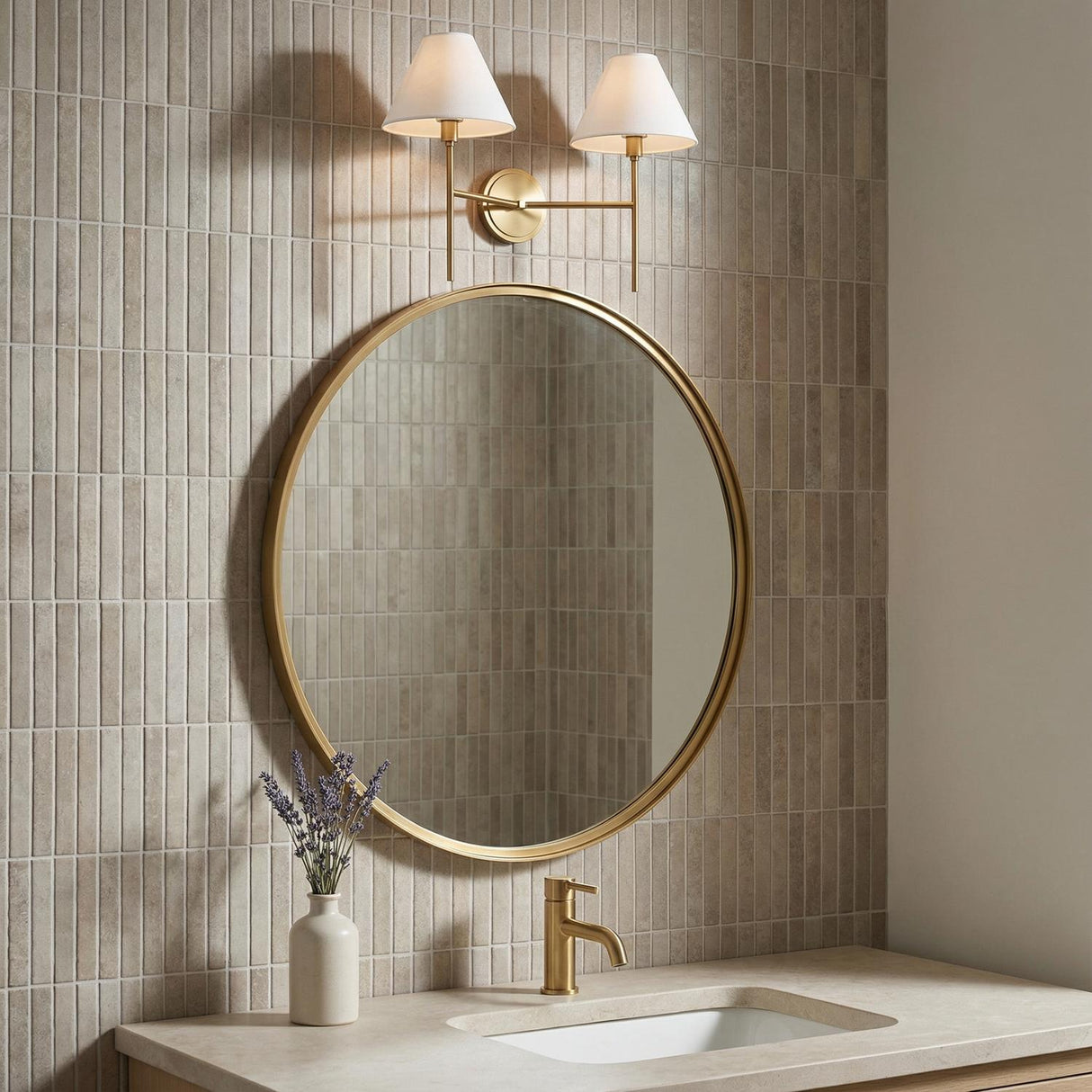 Bryson Double Wall Sconce 14" for Modern home with Warm Beige Tile